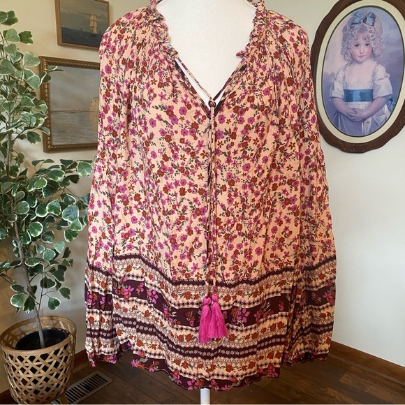 VICI • Boho Floral Tassel Tie Peasant Blouse Pink Burgundy Print • Size XL - Picture 1 of 9
